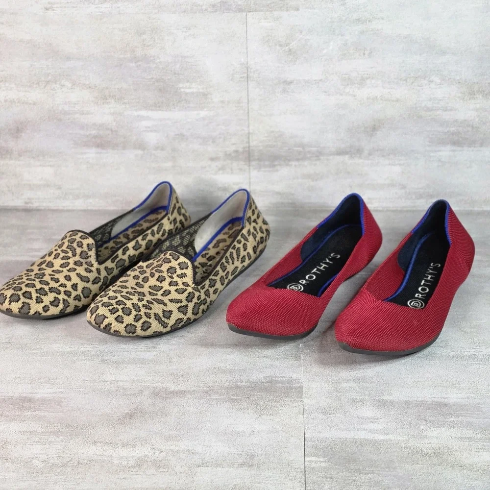 2 Rothy's Round Toe The Loafer Leopard, Red Pointed Chili Red Ballet 8 Shoes